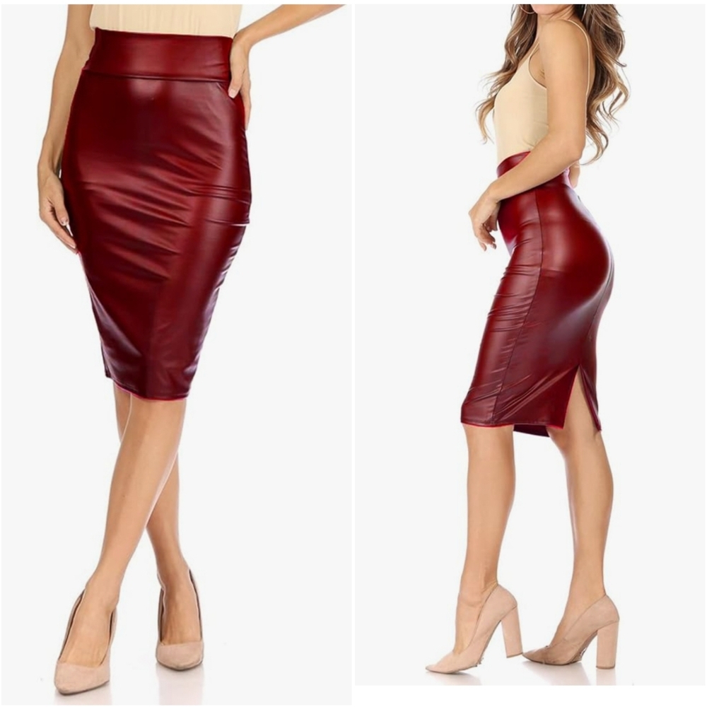 SIMLU Women's Solid Fitted Faux Leather Knee Length Bodycon Pencil Skirt Medium